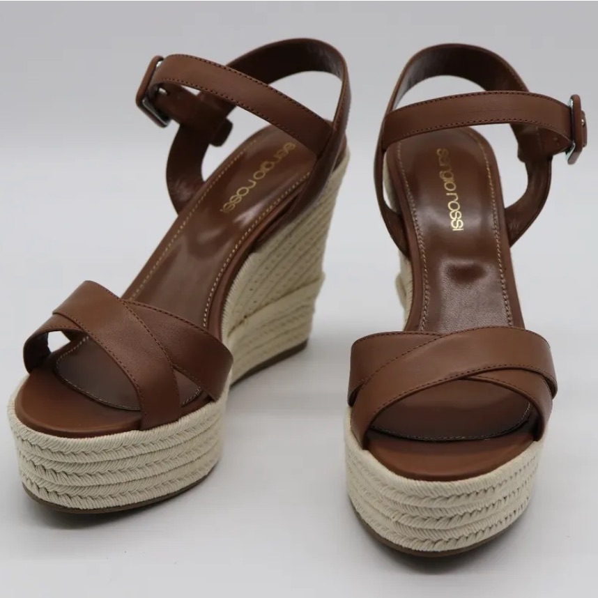 Sergio Rossi Scarpe Donna Ankle Strap Platform Wedge Brown Leather Sandals